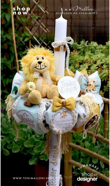Lumanare de botez handmade cu jucarie de plus leut haios, Leul junglei 4